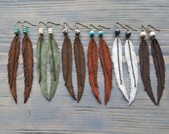 Long Feather Earrings Bohemian Earrings Gemstone Leather Earrings Bohemian Jewelry Long Leather Feather Earrings Boho Tribal Earrings.