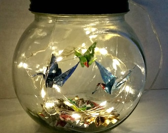 Hand-Folded Origami Cranes in Jar w/fairy lights & Origami Fans/Mothers day Gift/Unique Gift/desk Lamp/Origami mobile/Night Light/Home Decor