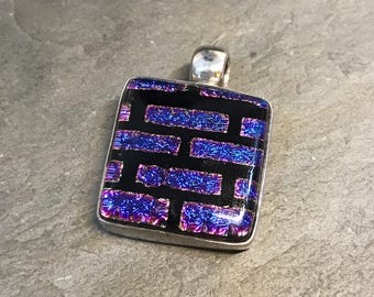 Vintage sterling silver with handmade artisan glass pendant, square shaped dichroic glass pendant, stamped 925 mexico R&G