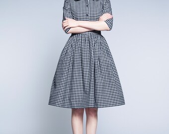 Black and white dress 1950s dress Peter pan collar dress Gingham dress 50s dress Plus size dress Full skirt dress Dress with pockets