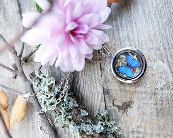 Blue butterfly necklace, locket necklace, terrarium necklace, gift for woman, dried flower charm, botanical jewelry, dainty necklace