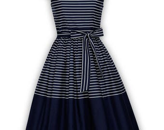 Navy Dress Sailor Dress Nautical Dress Stripe Dress Summer Dress Sun Dress Holiday Dress Pinup Dress Plus Size Dress 50s Swing Party Dress