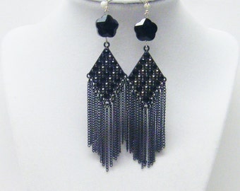 Black Chandelier w/Jet Flower Bead Earrings