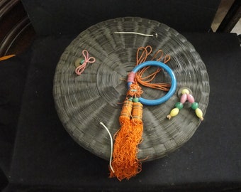Antique Chinese Wicker Sewing Basket w/ Colorful Jade Beads and Peking Glass Ring