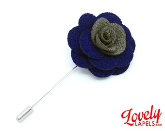FLOWER LAPEL PIN: Royal Blue and Gray Microfiber Rose. Custom Mens Handmade Wedding Boutonniere, Brooches, Lovely Lapels