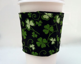 Reversible Coffee Sleeve Green Clovers Cup Cozy Lucky Shamrocks