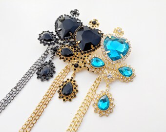 Crystal Heart Ouji Brooch with Chain for Lolita, Gothic, Aristocrat