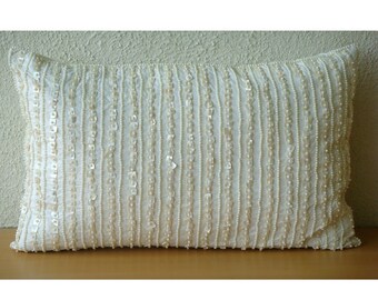 Decorative Oblong / Lumbar Throw Pillow Covers Accent Pillows Couch 12x16 Inch Silk Pillow Cover Pearl Embroidered Home - Pearl Harbour
