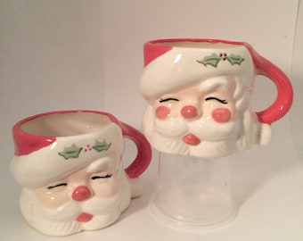 Christmas Mug Set/Santa Claus Cups/Vintage Holiday Style/Kids Cups/Childrens Cups/Handpainted/Red and White