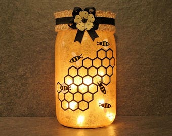 Honey Bees Mason Jar Light, Country Decor. Summer Centerpieces. Gifts For Bee Keepers.