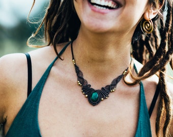 Malachite Macrame necklace with brass beads Wedding necklace festival necklace tribal hippie bohemian primitive gypsy earthy Macrame jewelry