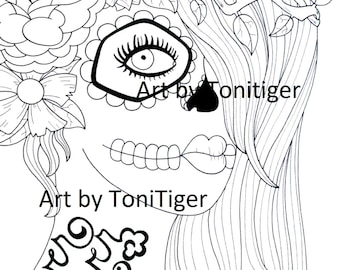 Adult Coloring Page Sugar Skull Girl Art Instant Download Printable Day Of The Dead Digital