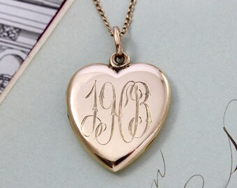 Antique Gold Heart Locket Necklace, Edwardian 14k Yellow Gold Engraved Monogram Initials M.A.W. Dated 1903, Bridal Jewelry Gift