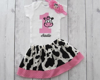 First Birthday Outfit in Cow print and Pink Gingham - cow 1, girl birthday outfit, cowgirl, farm animal, personalized, barnyard