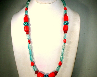 Red & Turquoise Glass Bead Necklace, Single Strand, OOAK by Rachelle Starr 2018, Happy Colors