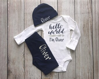 Baby Boy Coming Home Outfit - Personalized Baby Boy Outfit - Boy Hello World Outfit
