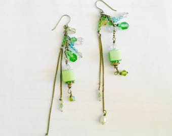 Fun Long Dangle Earrings with French Hooks, Green, Blue,Clear Crystals, Faux Pearls, BoHo, Gypsy