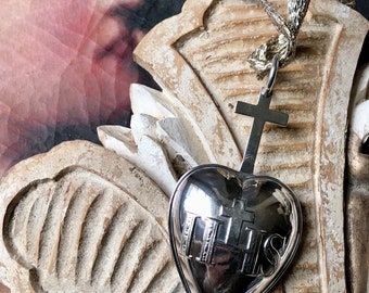 1800s antique French sterling silver reliquary pendant, 19th century French sterling Heart of Jesus pendant