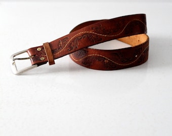 vintage tooled leather belt, 1970s brown belt