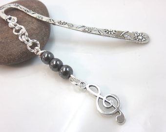 hematite bookmark - silver metal bookmark - silver music bookmark - treble clef charm bookmark - silver bookmark musician gift music gift