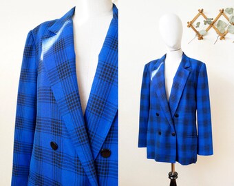 80s blue with black plaid oversized blazer, size 9 / medium-large