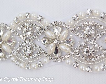 Crystal Rhinestone and Pearl Trim by the Yard -Wholesale Bridal Trim-rhinestone and pearl Thick Bridal Trim Rhinestone Applique TR45P