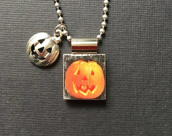 Jack-o-Lantern Pendant, Halloween Pumpkin Necklace, handmade scrabble tile jewelry, Halloween Jewelry, Halloween Gift, Pumpkin charm