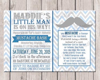 Boys Baby Shower Invite, Mustache Bash, Printable, Blue & Grey, Digital Photo Invitation