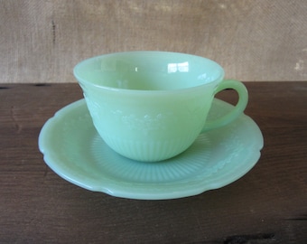 Fire King Jadeite Alice Tea Cup and Saucer Set, Anchor Hocking