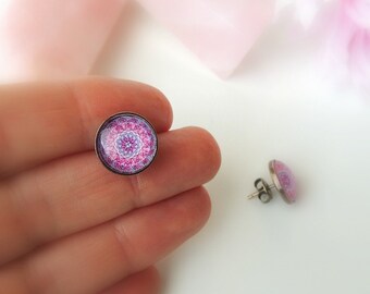 VENUS MANDALA Stud Earrings Pink Mandala Earrings Circle Post Earrings Mandala Jewelry Glass Earrings Wife Gift Gift for Her