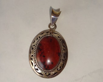 Vintage Sterling Silver Pendant Red Jasper Oval .925 Mexico