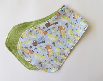 Contoured Burp Rag: Cars & Trucks with Baby Blue Circles with Green or White Terrycloth