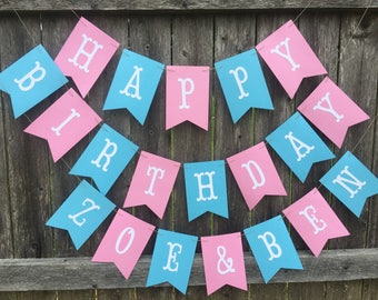 Happy Birthday banner . Twins birthday banner. Boy girl twins first birthday. Pink and blue birthday banner. Twins 1st birthday.