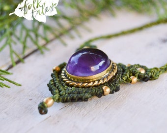 MACRAME AMETHYST Necklace - Folk Tales adjustable witch gemstone handmade crystals Artisan Musa Luna Pagan Wicca Nature Bohemian Wanderlust