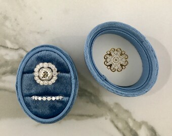 Velvet Ring Box Oval DOUBLE Hand Made Keepsake Velvet Ring Box Engagement Ring Wedding Ring Antique French Blue