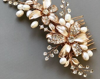 Rose Gold Floral Comb, Wedding Flower Comb, Rhinestone Bridal Headpiece, Floral Bridal Pearl Comb, Wedding Accessory, Pearl Comb ~TC-2050