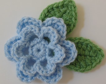 Crocheted Flower with Leaves - Light Blue and Sage Green - Acrylic