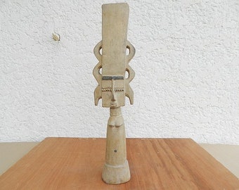 Ashanti Queen-mother Ghana fertility doll in black and beige polychrome wood, African art, vintage interior decoration, 52 cm (24.47 ") tall