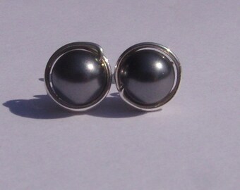 Dark Grey Pearl Stud Earrings (8mm), Swarovski Pearl Stud Earrings, Wire Wrapped Sterling Silver Stud Earrings, Dark Gray Stud Earrings