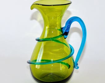 Blenko Glass Joel Myers Pitcher Olive Green & Turquoise Blue, circa 1968