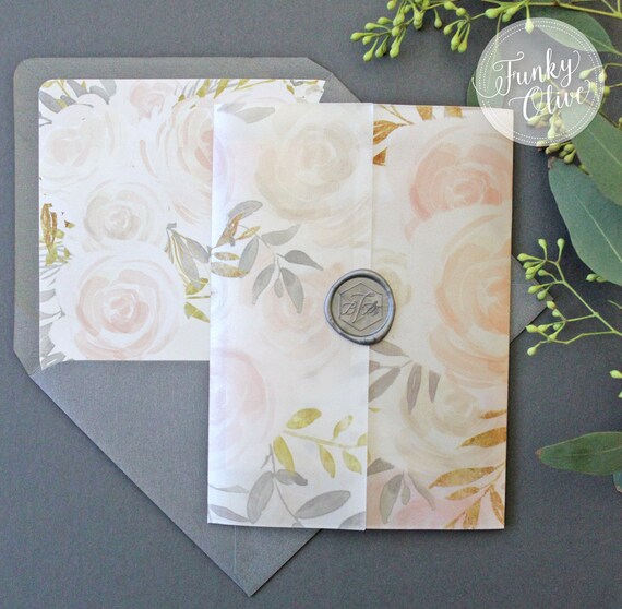 Floral Watercolor Wedding Invitation Vellum Wrap Wax Seal
