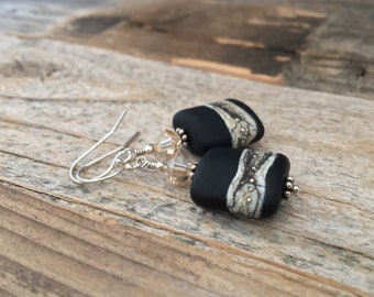 Black sands, Lampwork glass earrings in sterling silver, matte black, silvered ivory, lampwork jewelry