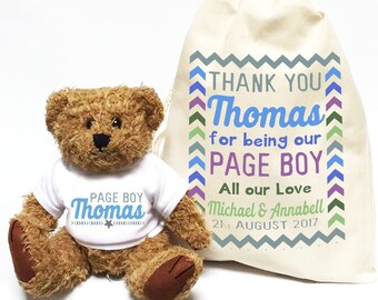 Page Boy wedding day gift personalised teddy bear with matching gift bag | Thank you mini usher favor.