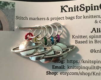 Rainbow silver charm knitting stitch markers -- set of five -- silver charms of planets with rainbow jump rings