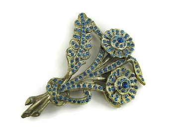 Vintage Pot Metal and Blue Rhinestone Flower Brooch