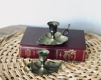 Vintage Brass Leaf Candlestick Holders, Small Brass Candle Holders, Finger Loop Candlesticks, Mid Century, Eclectic Decor, Gold Candlesticks