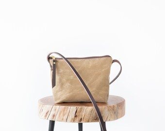 Waxed Canvas Joey Bag, Field Tan, Waxed Canvas crossbody day bag, leather strap, minimalist bag, small crossbody, zipper bag, small purse