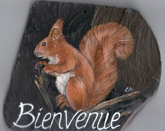 Squirrel plate home entrance or portal slate with animal painting