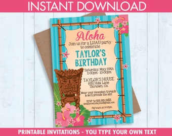 Luau Invitations - Hawaiian Party - EDITABLE Birthday Party PDF to personalize at home - Editable Text - Instant Download PDF Printable Kit