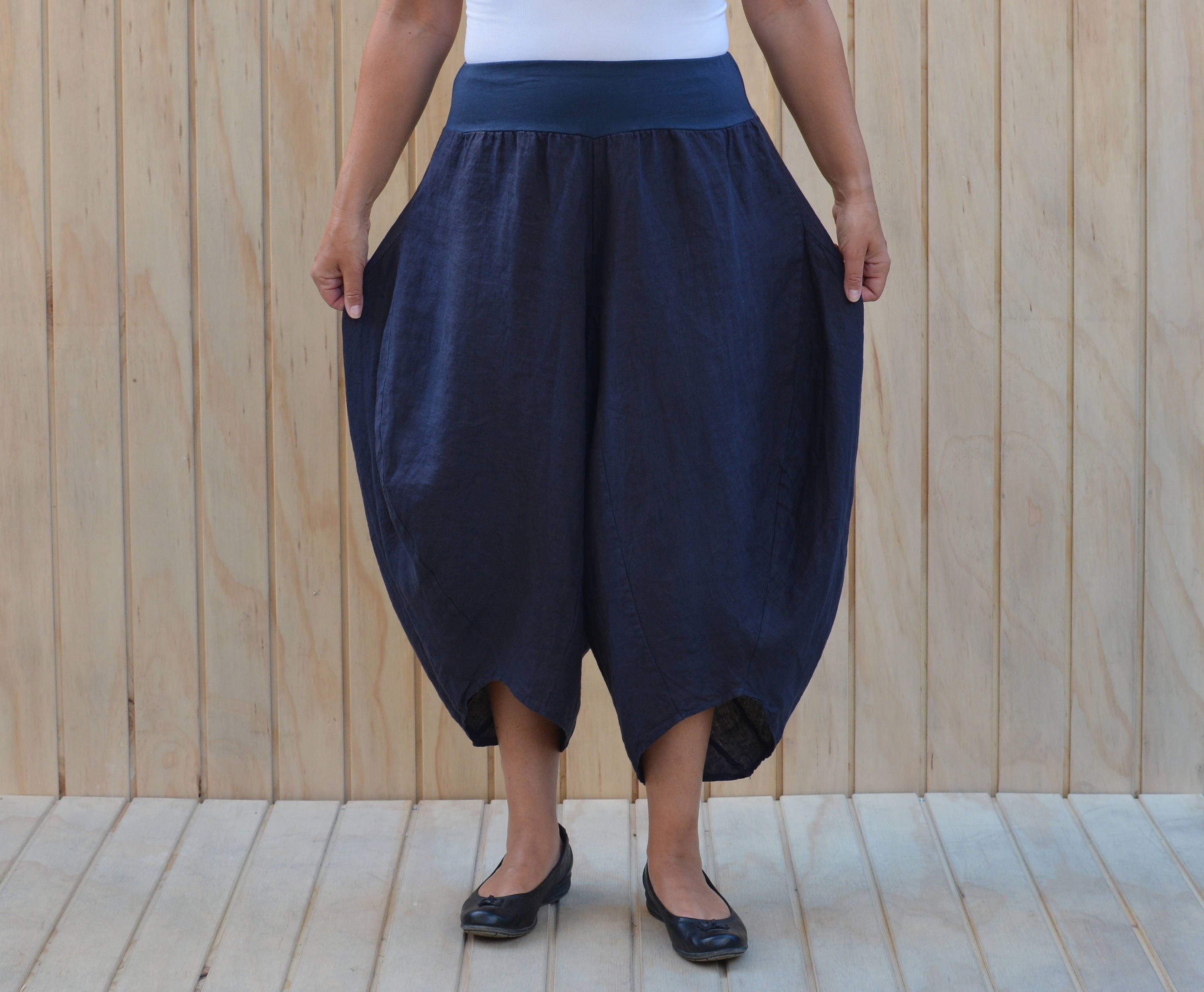 Ladies Lagenlook Tulip Harem Pants Trousers Womens Linen